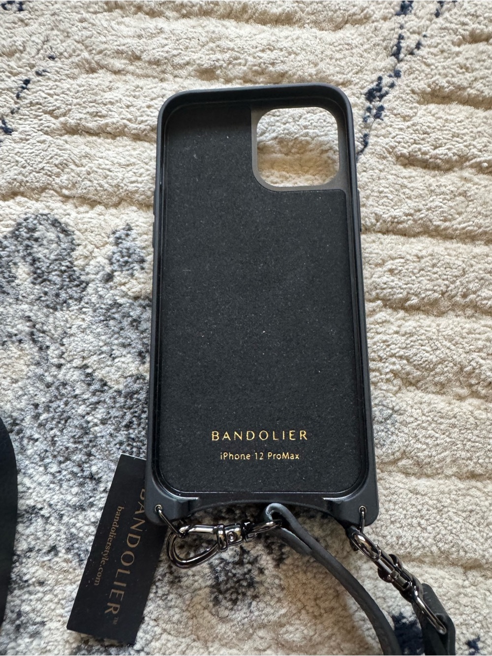 Bandolier Black iPhone 12 Pro Max Case with Strap and Gold Logo